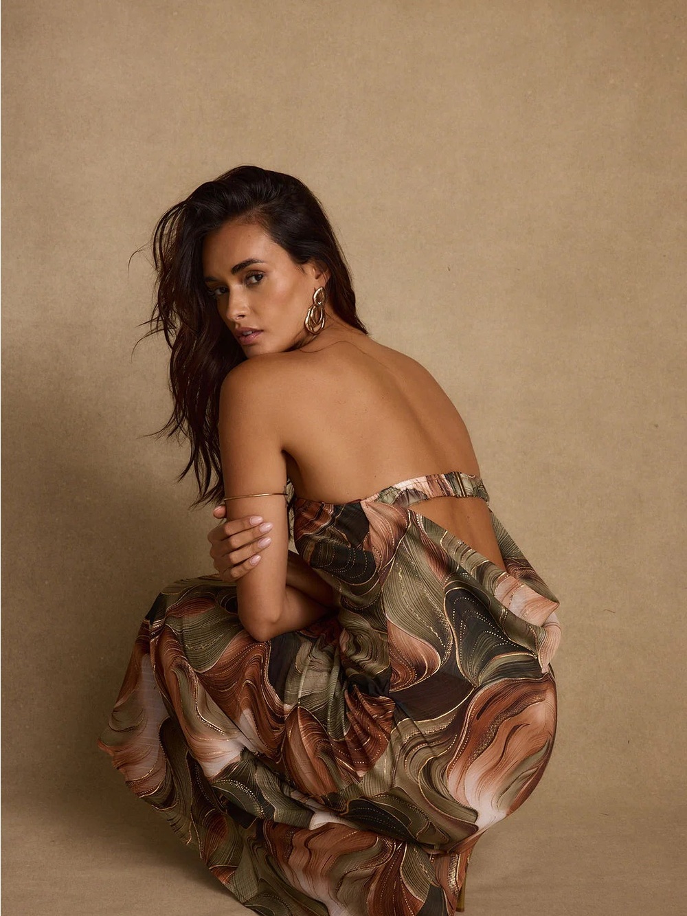 Natalia Olive and Rust Abstract Strapless Maxi Dress - Picture 4 of 5